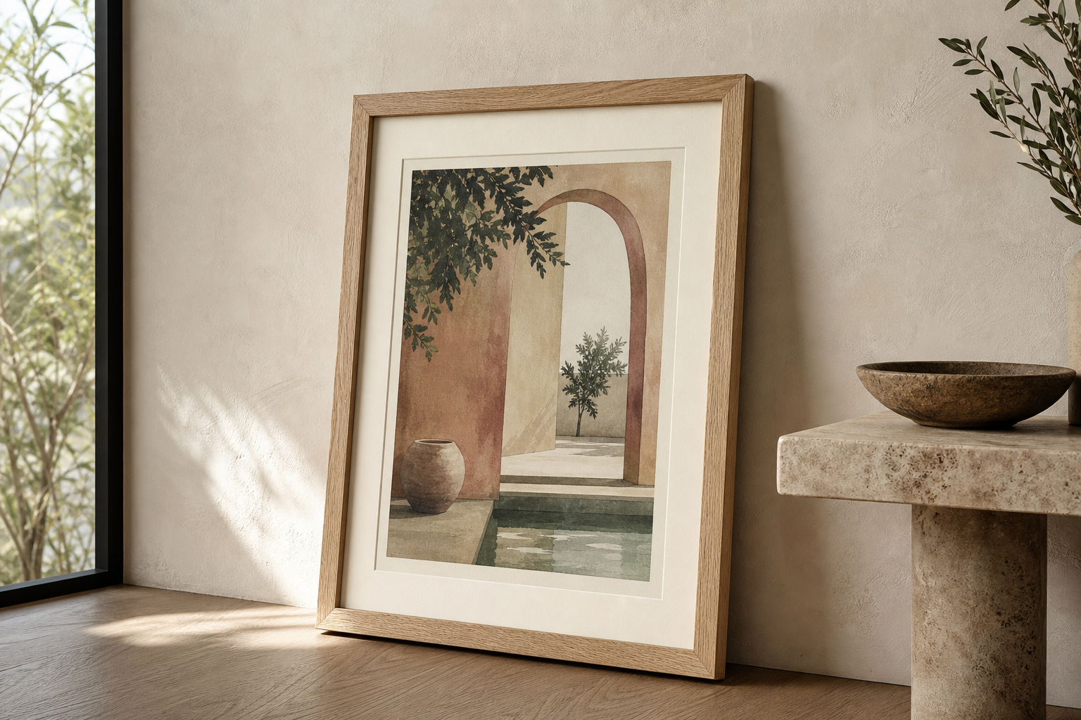 Close-up of oak frame and mat around architectural wall art