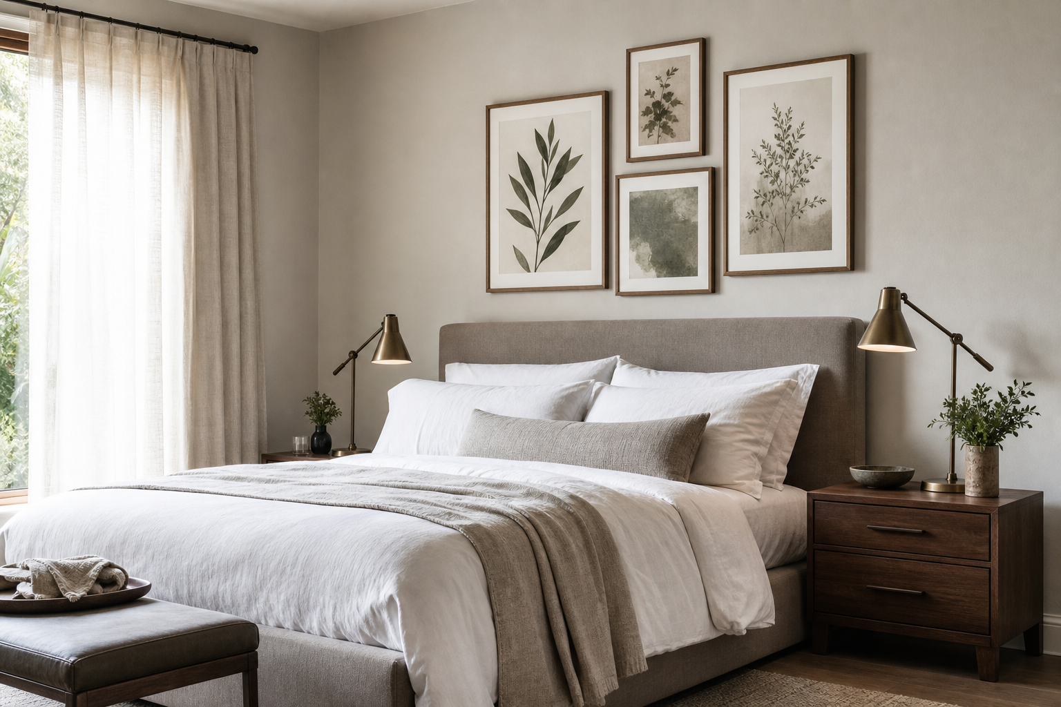 Bedroom wall with gallery arrangement around courtyard-inspired art