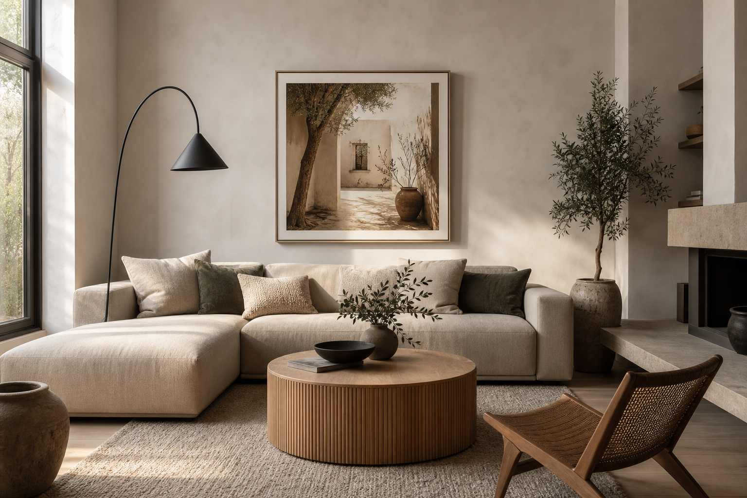 Living room with framed courtyard-inspired art over sofa