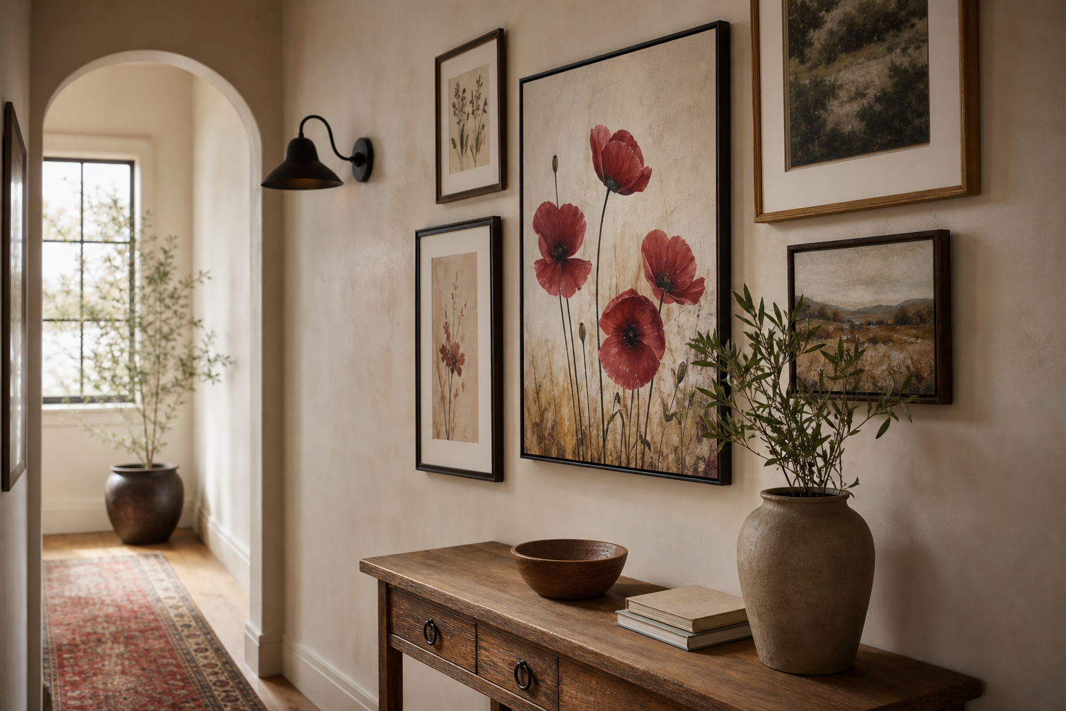 Gallery wall with crimson floral centerpiece in a hallway