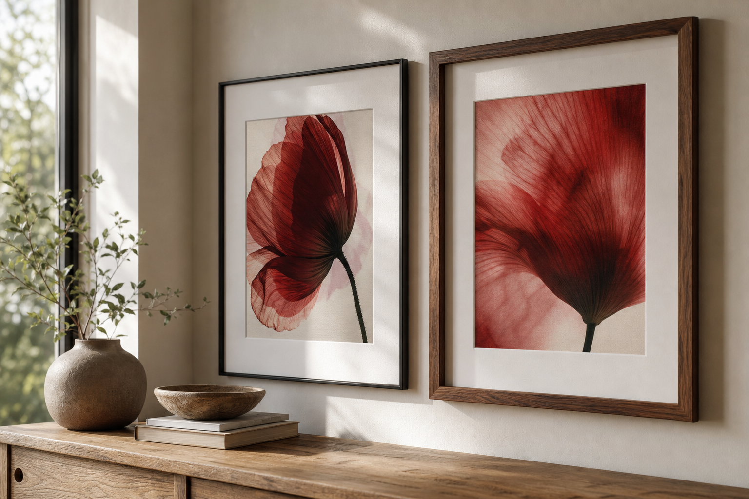 Close-up of walnut and black frames around botanical red floral art