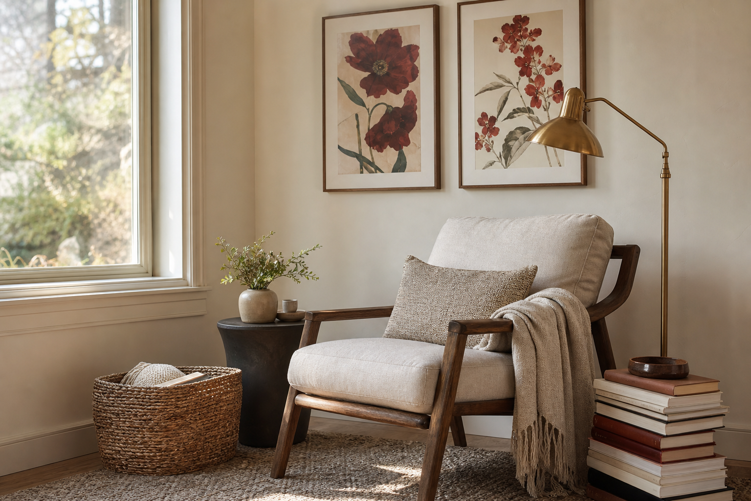 Reading nook with red floral wall art and walnut accents