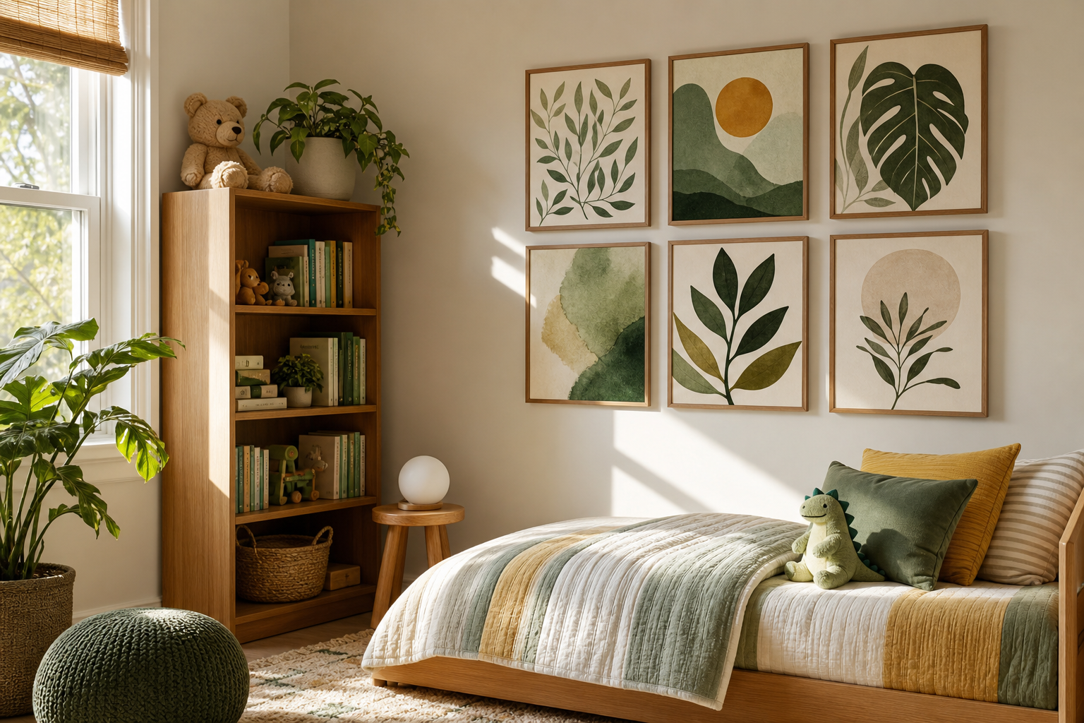Kids bedroom gallery wall with playful animal illustrations and soft colors
