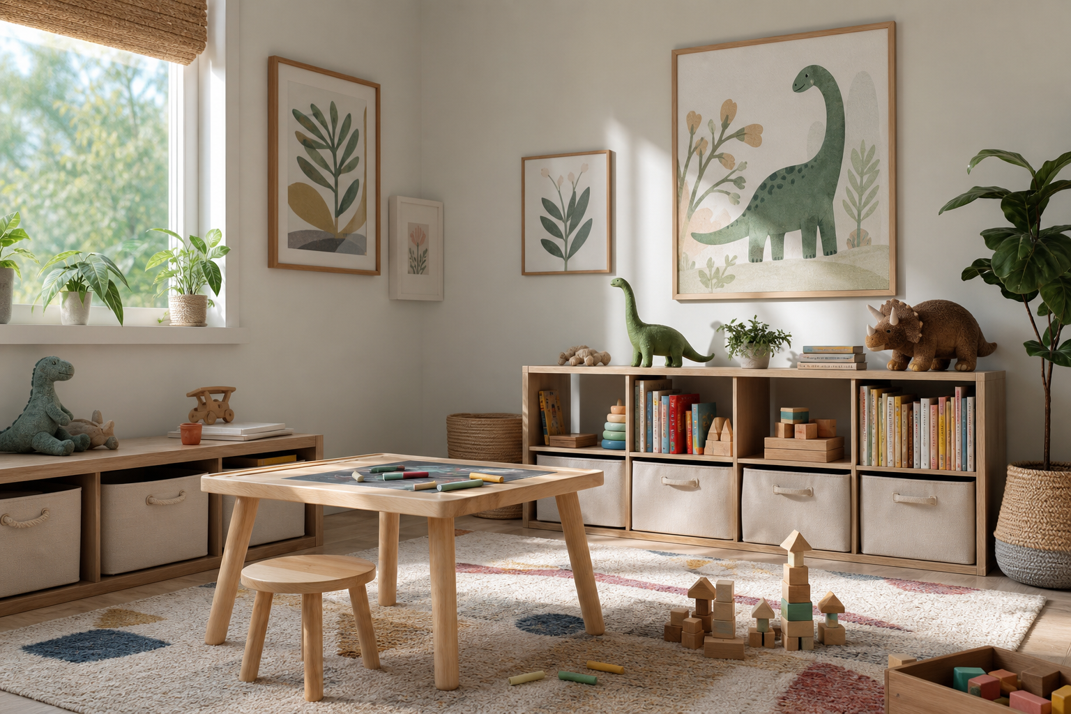 Playroom with dinosaur-inspired art and soft storage