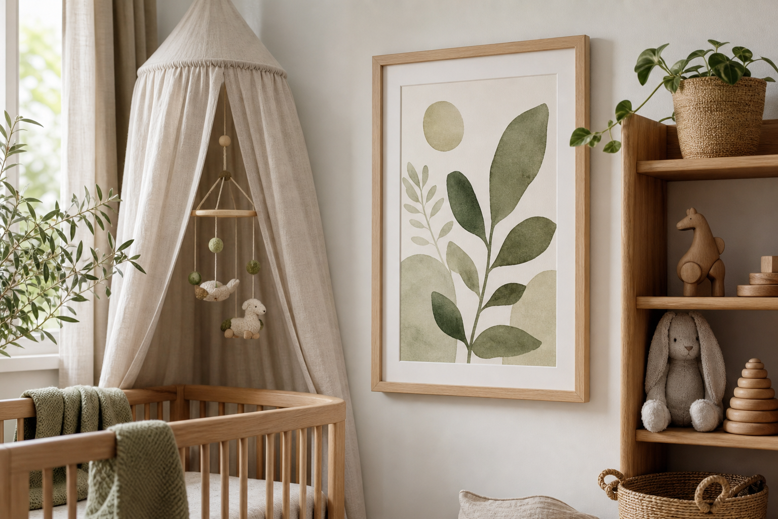Close-up of framed playful animal illustration in a nursery corner