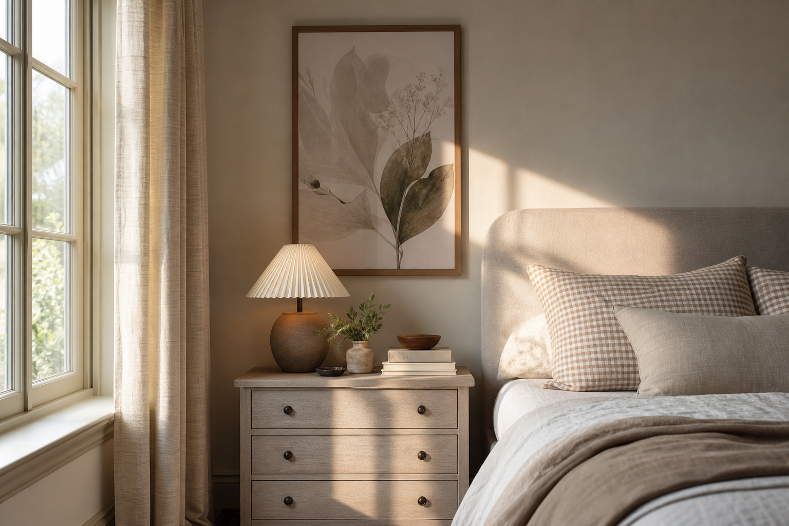 Bedroom wall with cute character illustration above side table