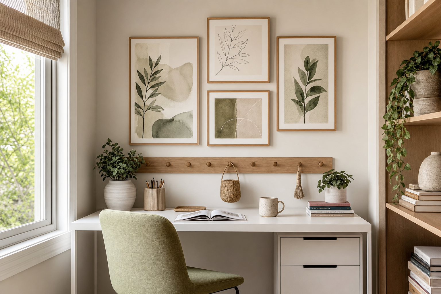 Desk area with mixed cute illustration gallery wall
