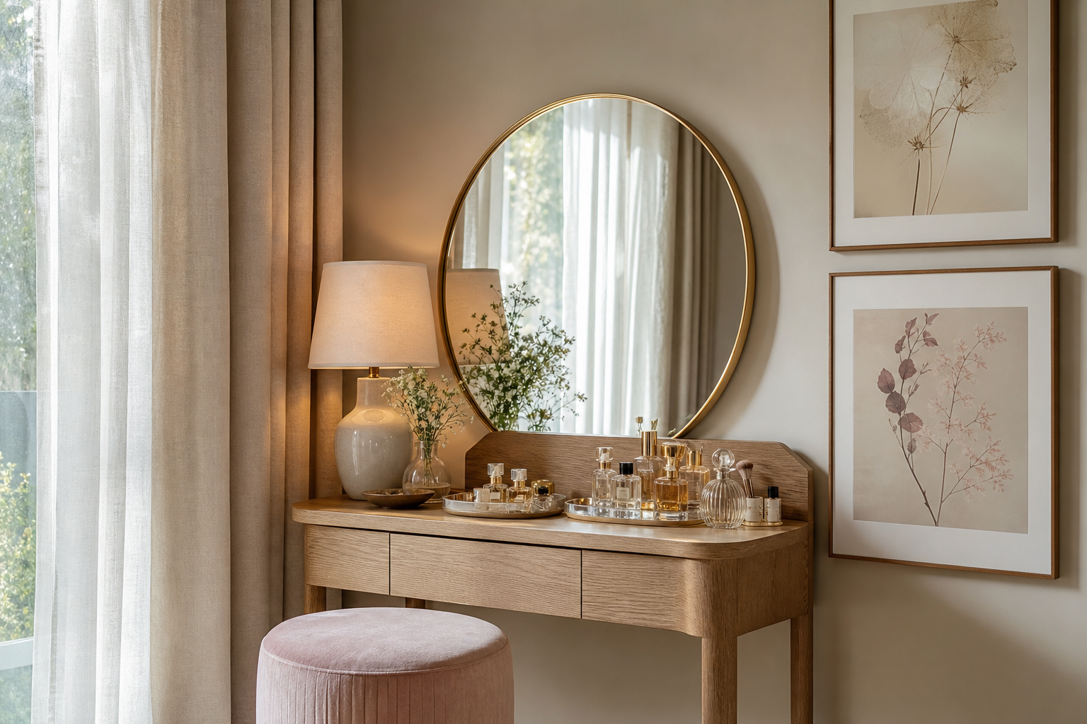 Vanity corner with pastel Korean doll illustration styling