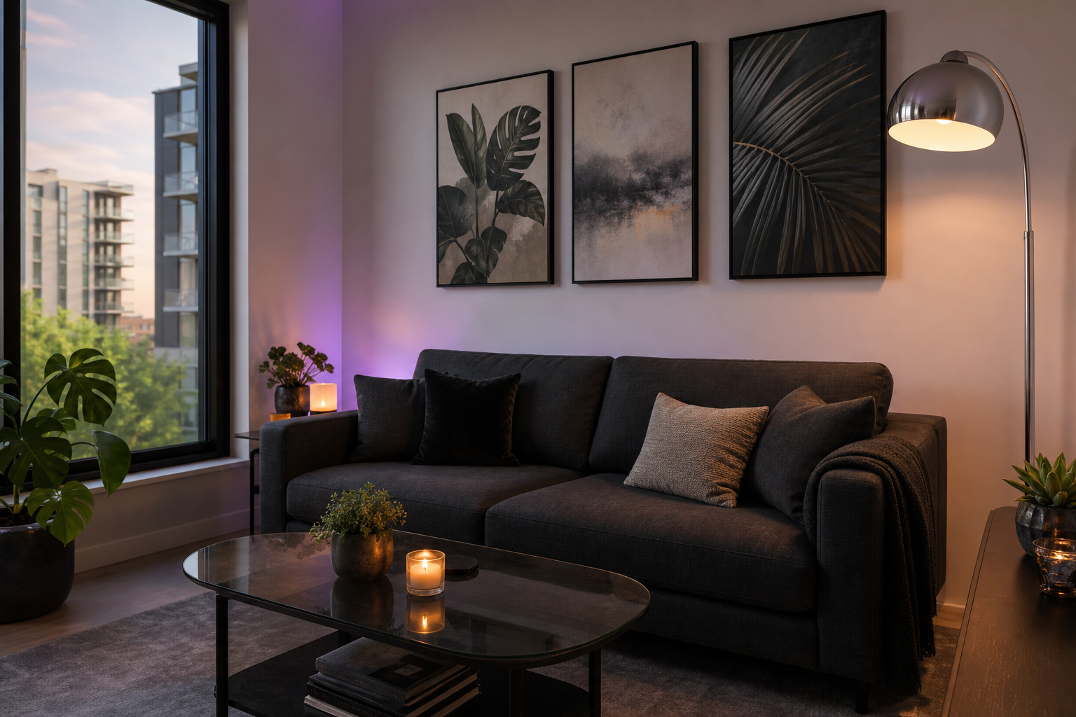 Modern living room with curated futuristic gallery wall