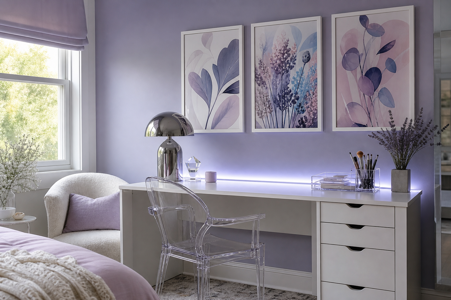 Desk corner with neon and pastel futuristic accents