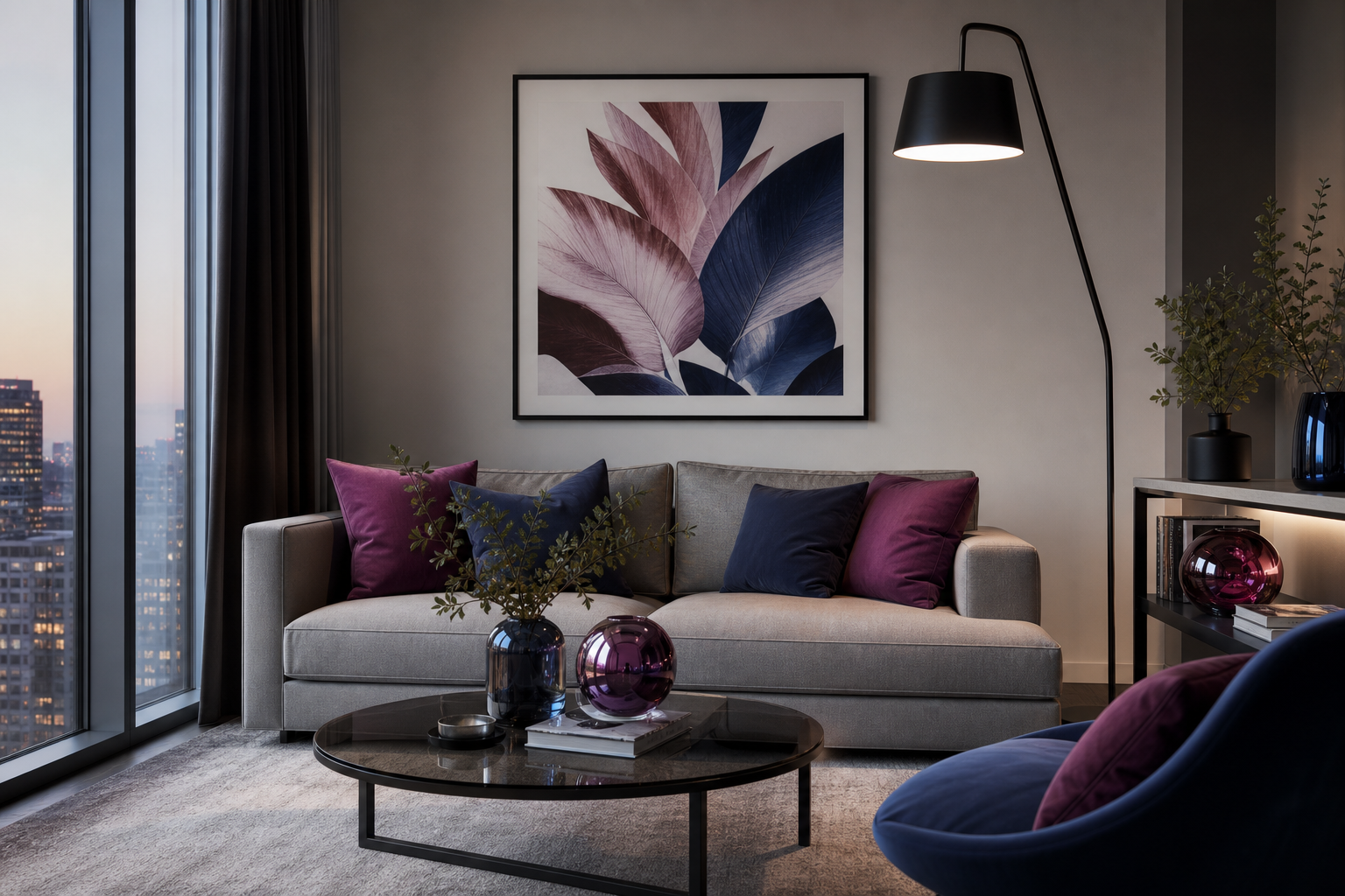 Modern living room using cyber doll art as a bold focal point