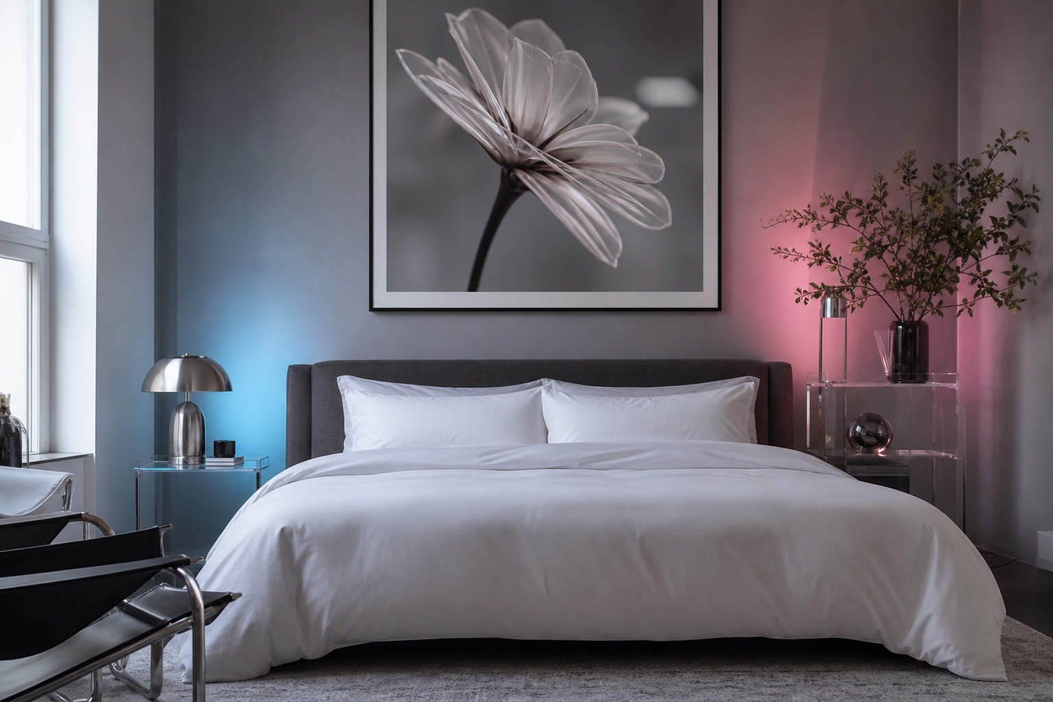 Bedroom with large cyber dolls inspired statement wall art above bed