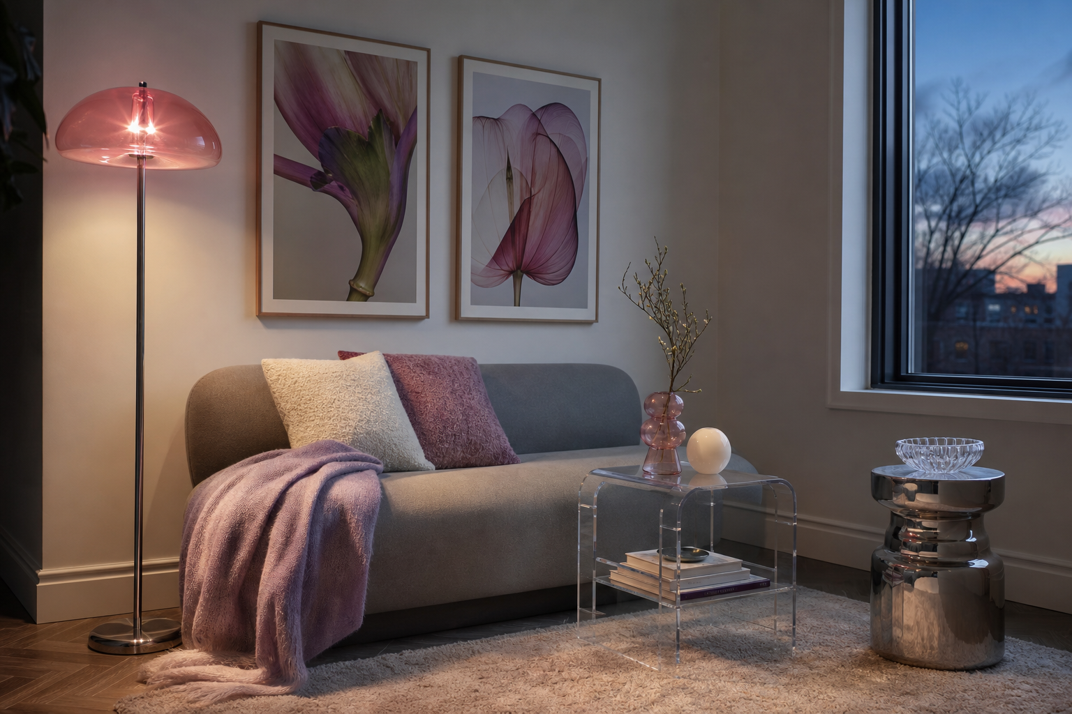 Small creative corner styled with cyber dolls wall art and soft neon details