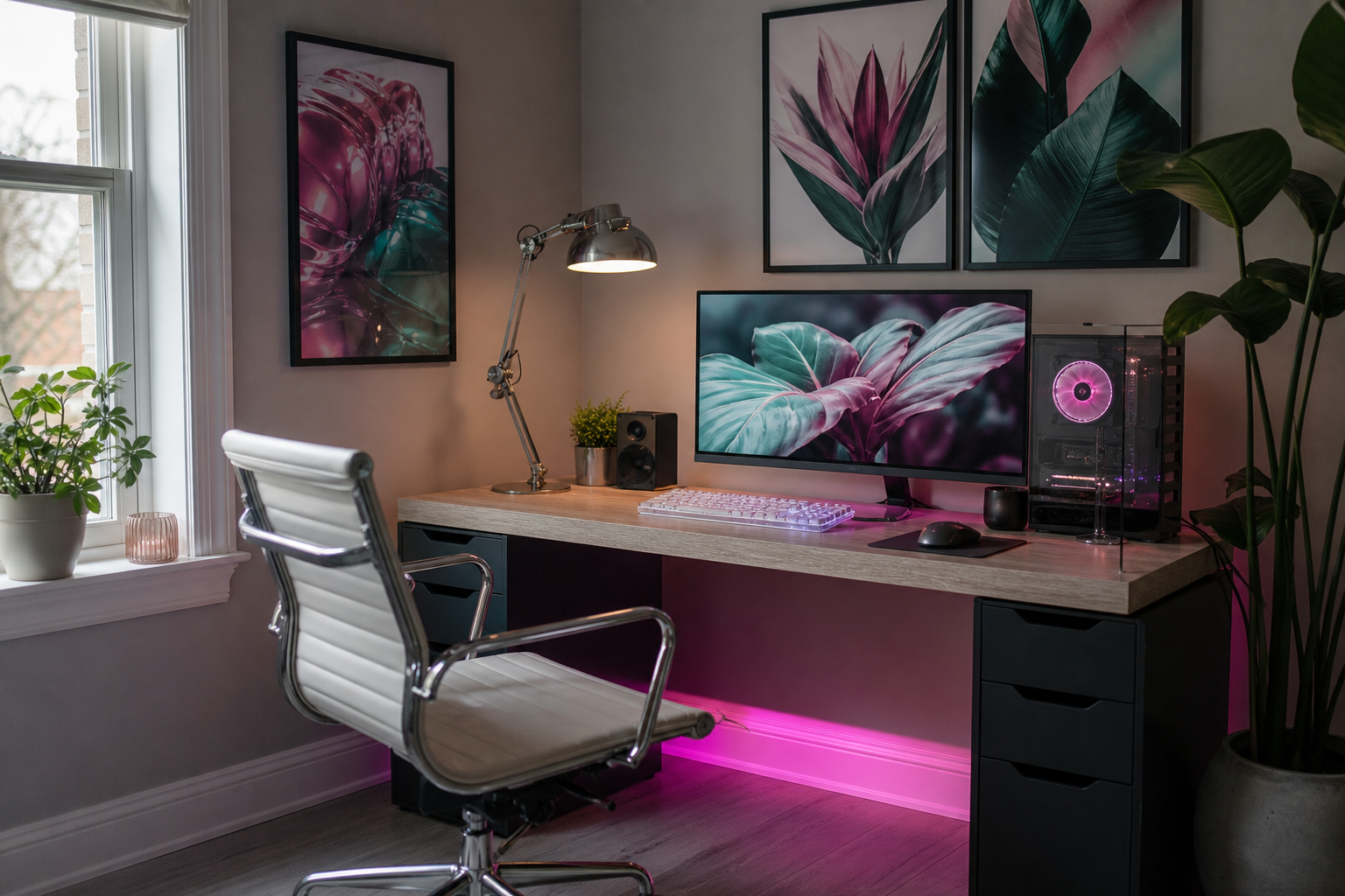 Desk corner with chrome details and neon cyber-inspired framed art