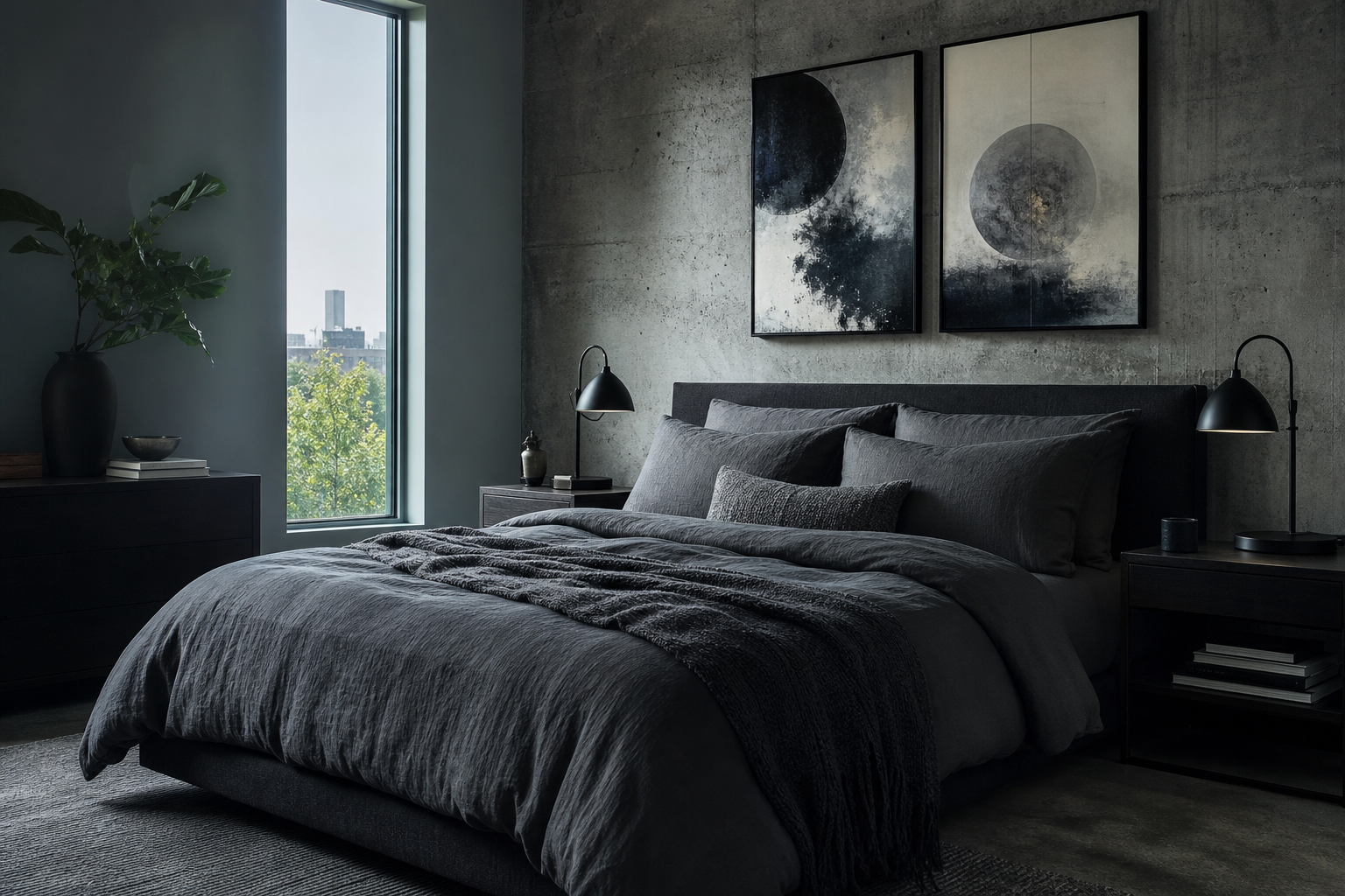 Cybernetic art above a dark bed