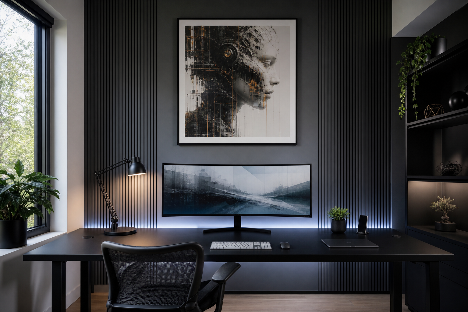 Futuristic office wall with centered framed art