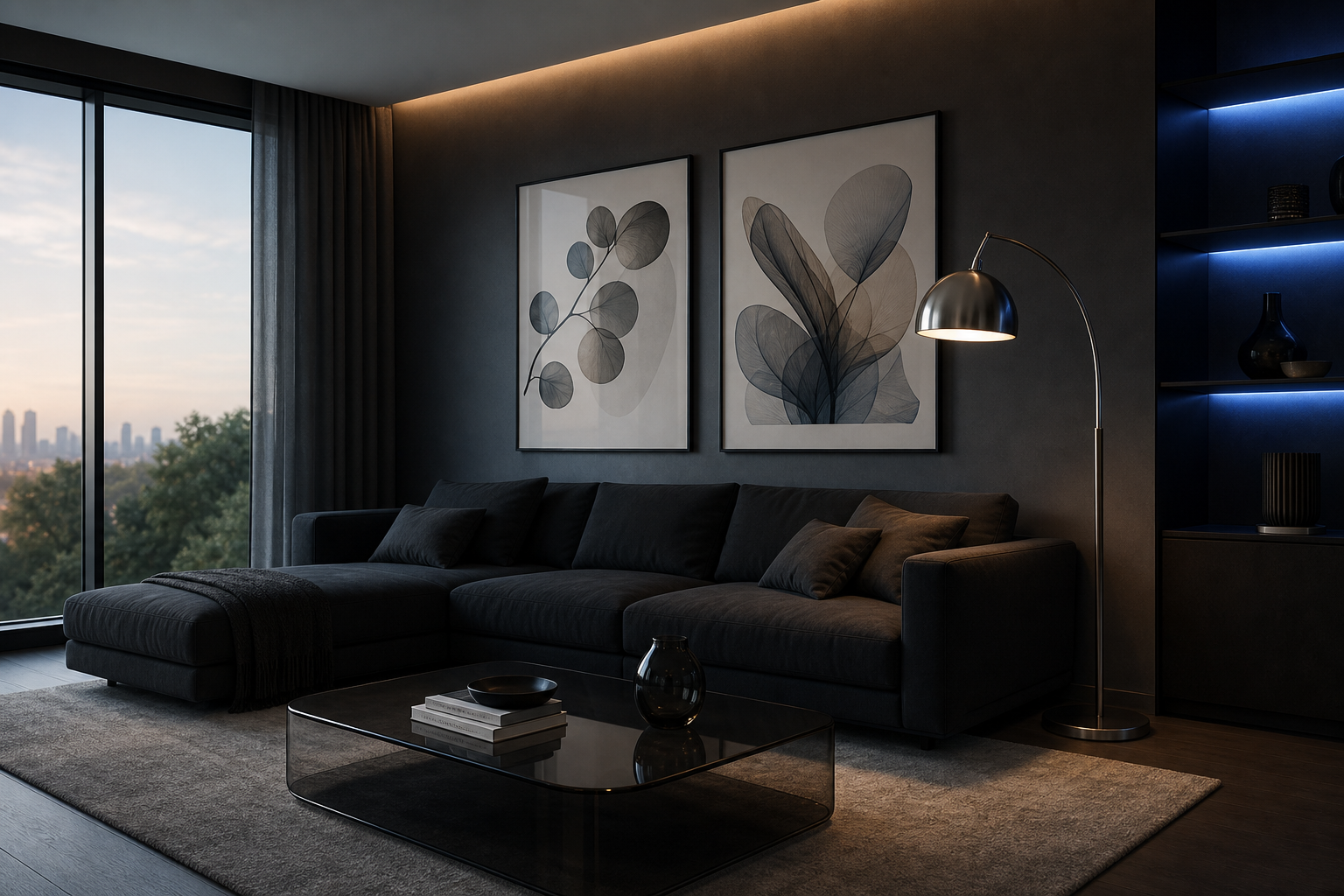 Modern living room with dark sci-fi wall art
