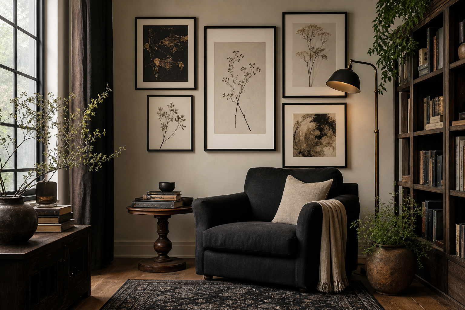 Fantasy gallery wall in a reading corner