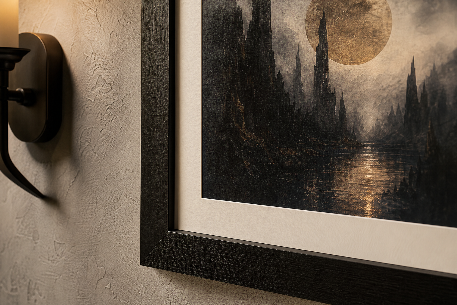 Close-up of dark frame and textured fantasy print