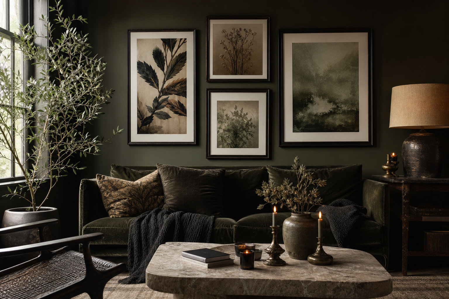 Shadowy living room with fantasy art arrangement