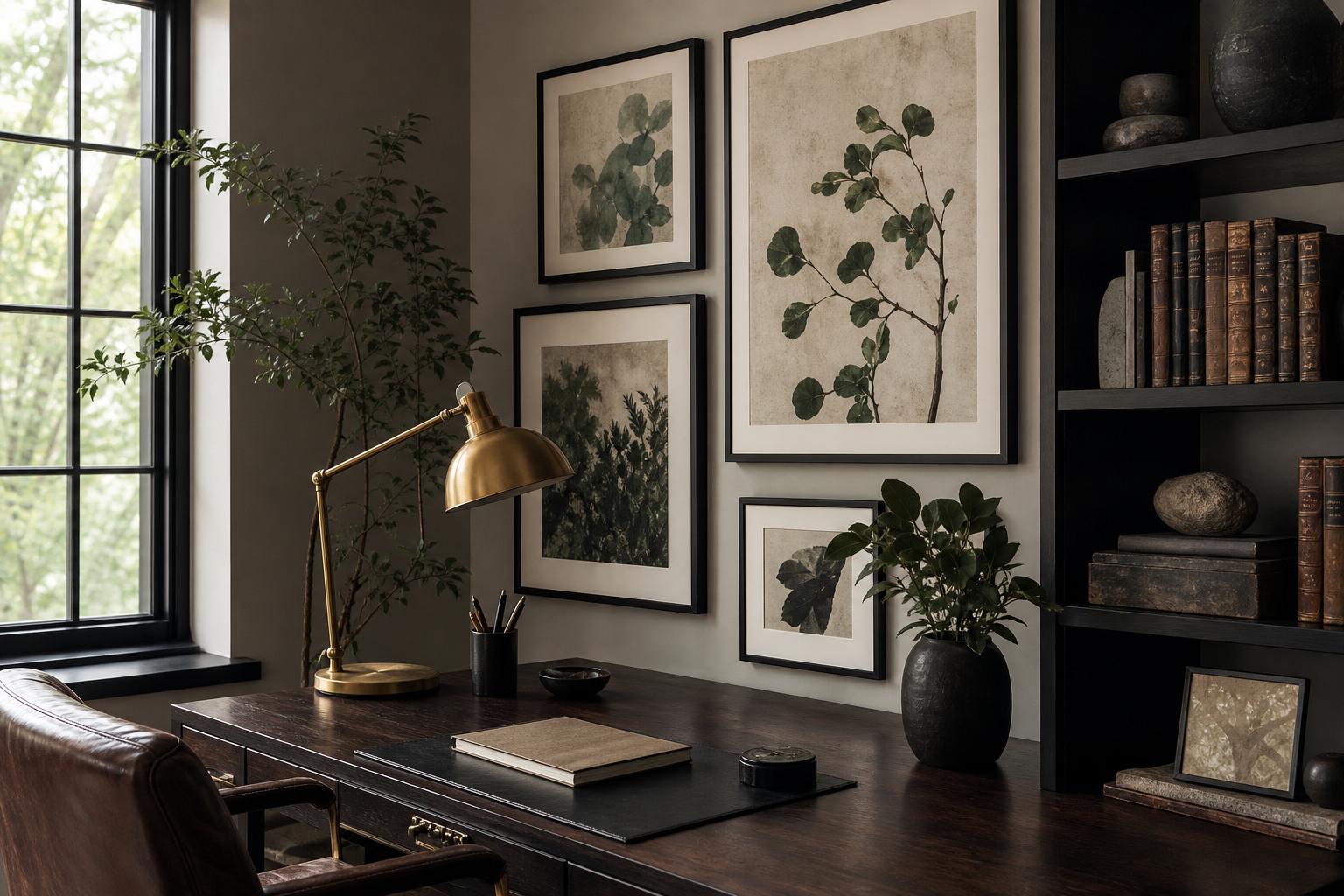 Dark fantasy wall art above a writing desk