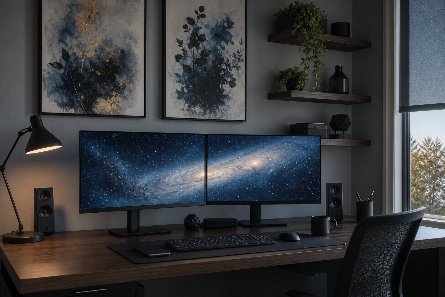 Dual monitor desk with coordinated cosmic backgrounds