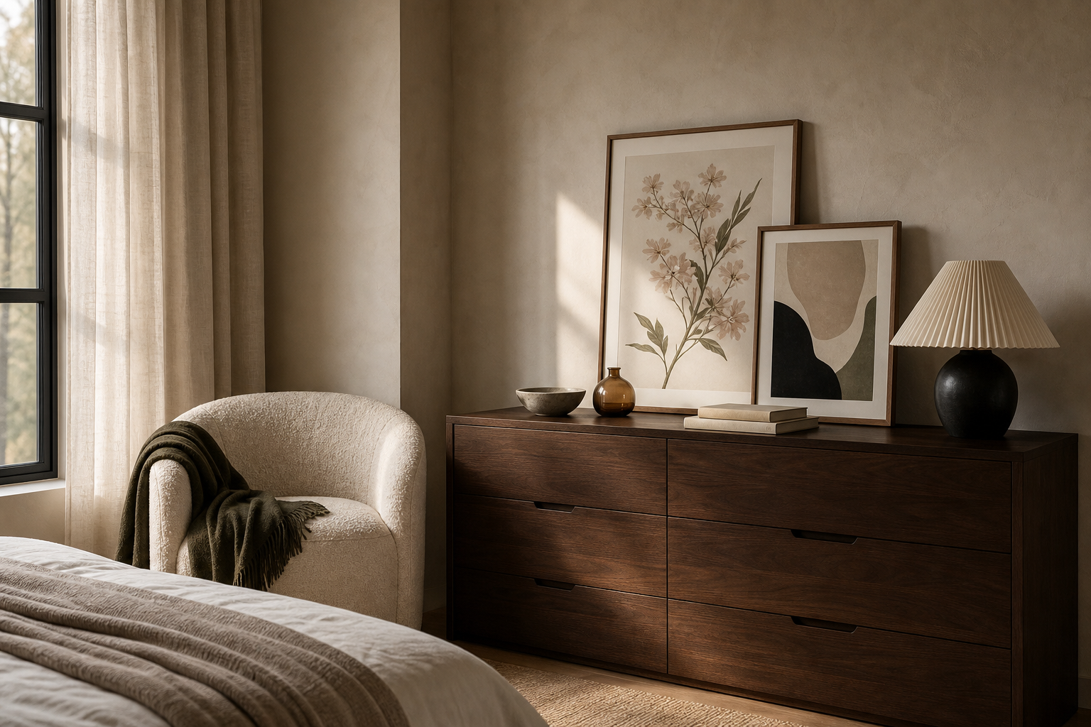 Bedroom corner with mixed romantic and minimal fine art
