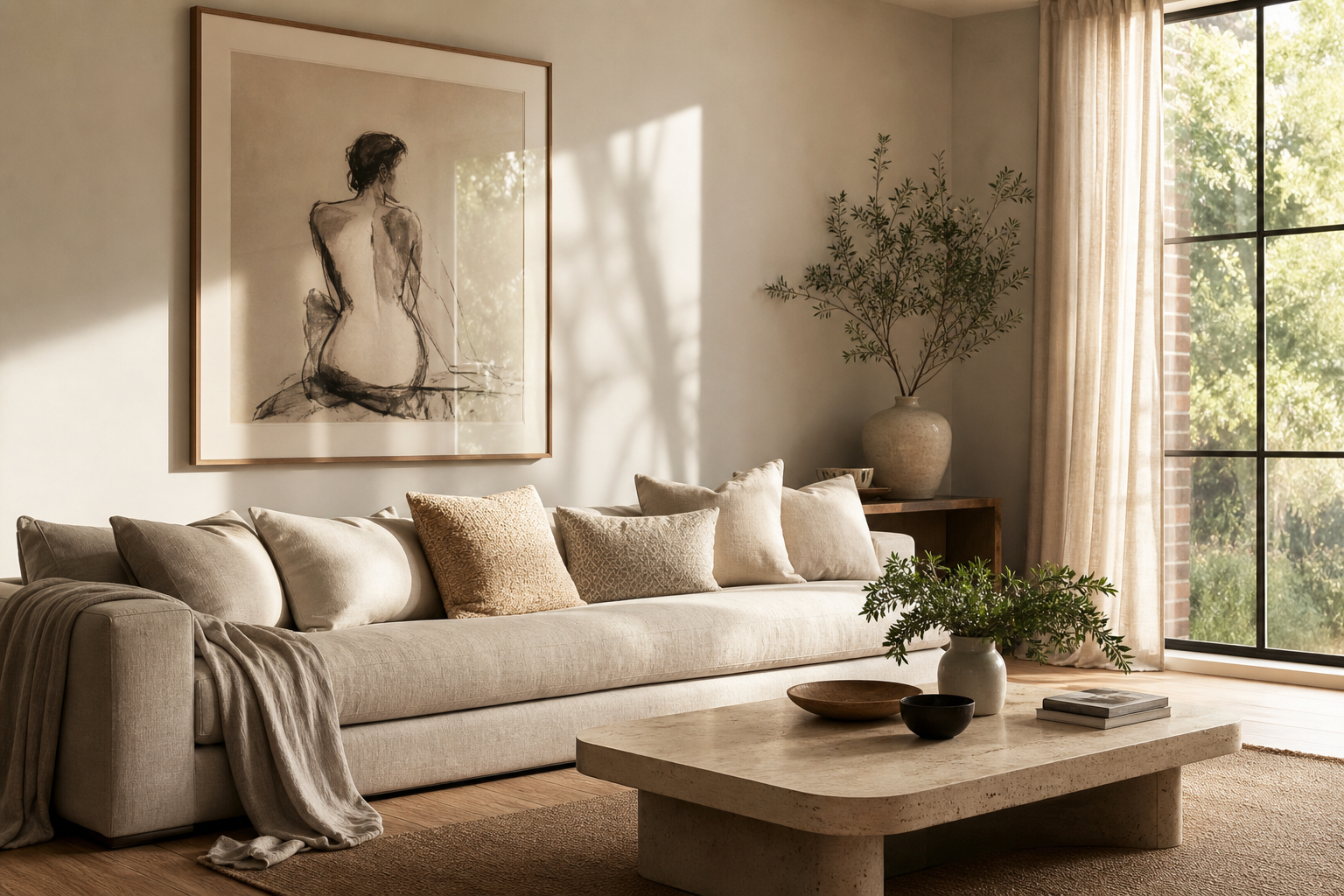 Living room shelf styling with layered framed art and tactile decor