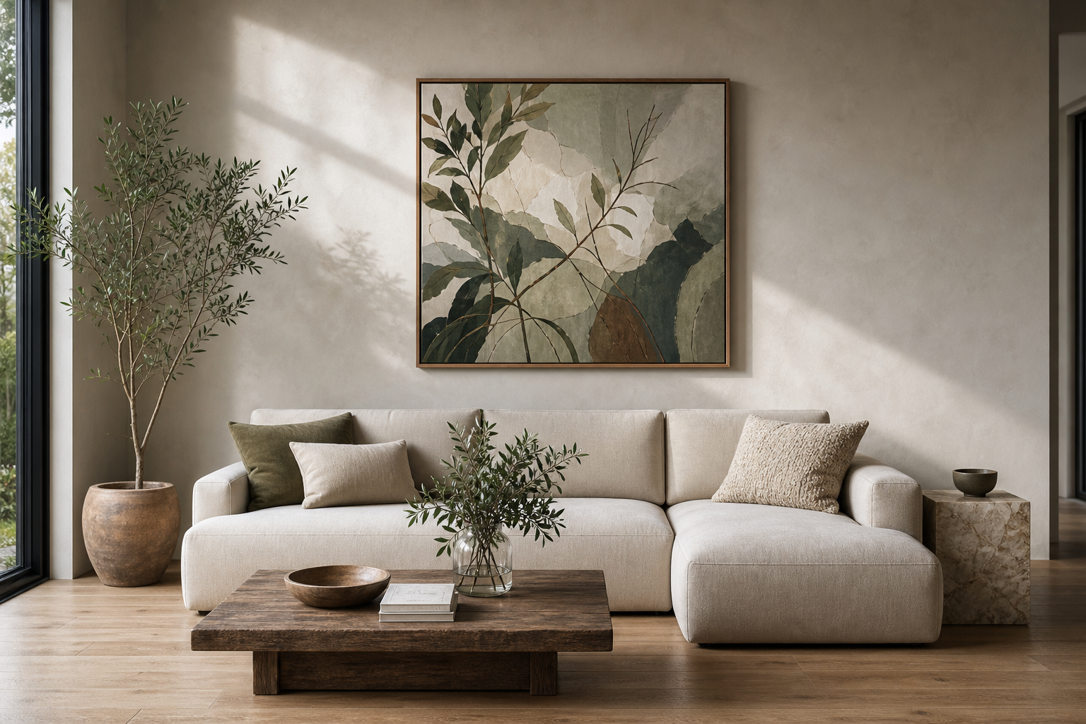 Living room with substantial framed art centered above the sofa