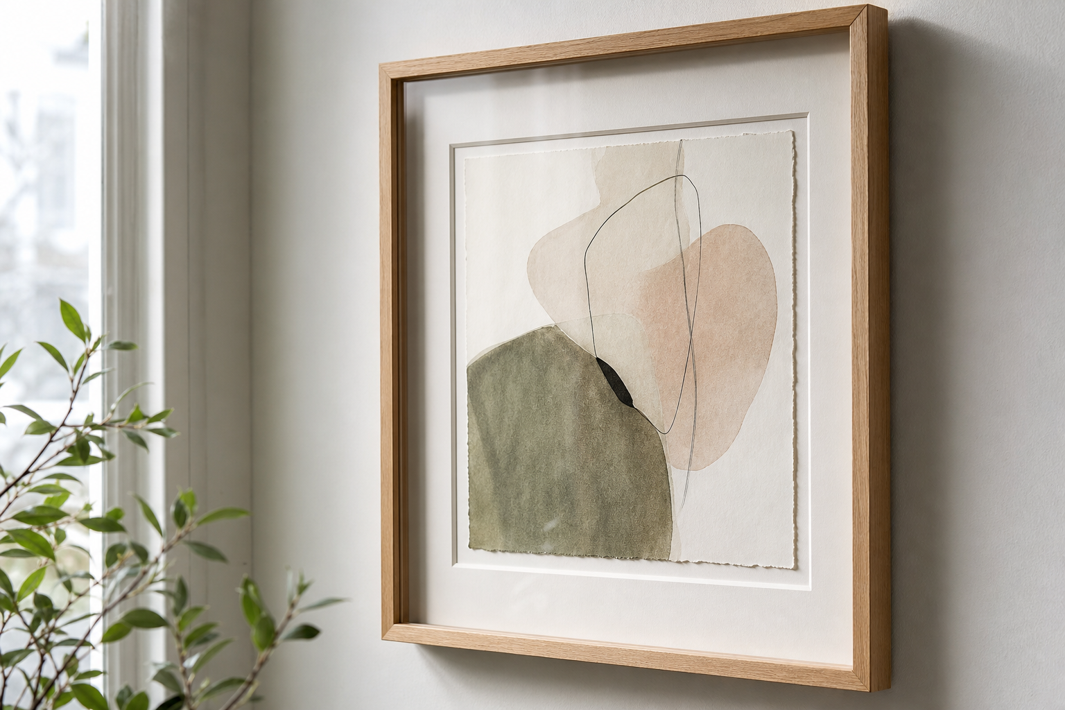 Close-up of framed fine art print paper and wood frame detail