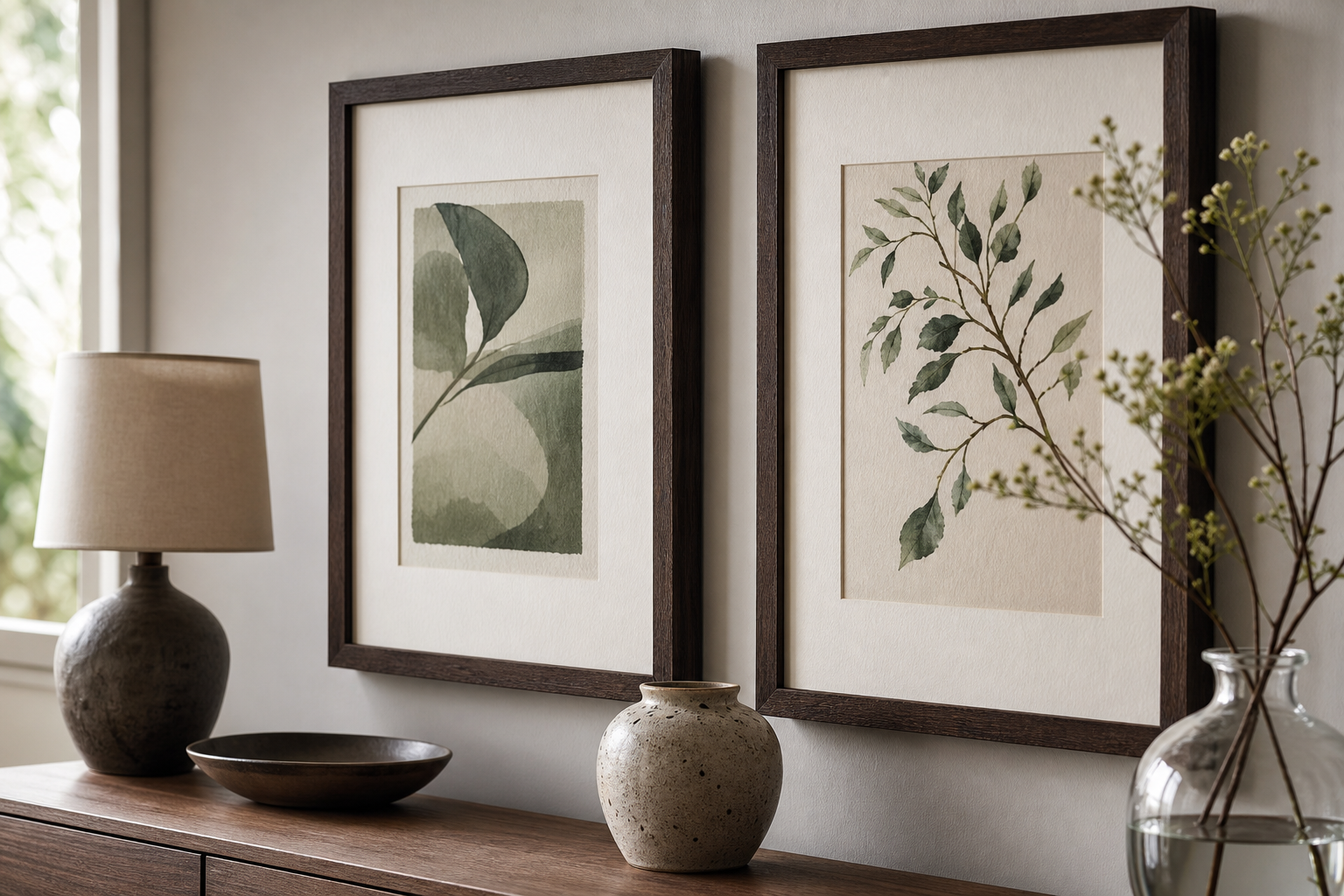 Close-up of framed still-life wall art in a styled living room