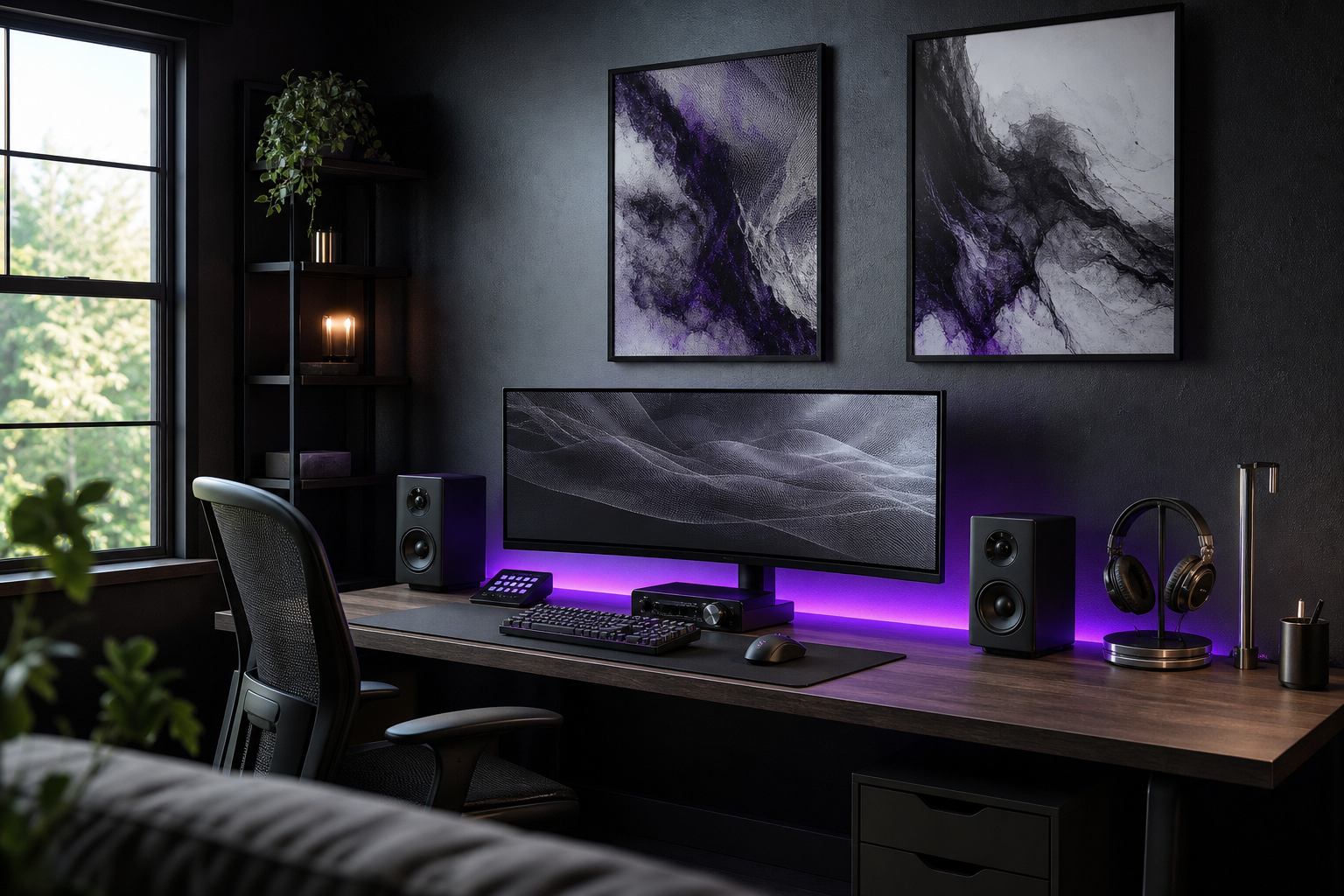 Cyberpunk-inspired gaming desk with dramatic wall art