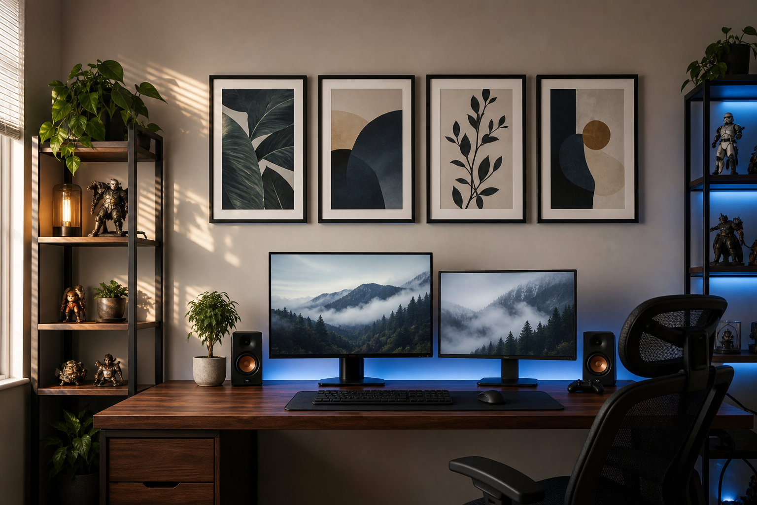 Gaming room wall with balanced multi-frame arrangement