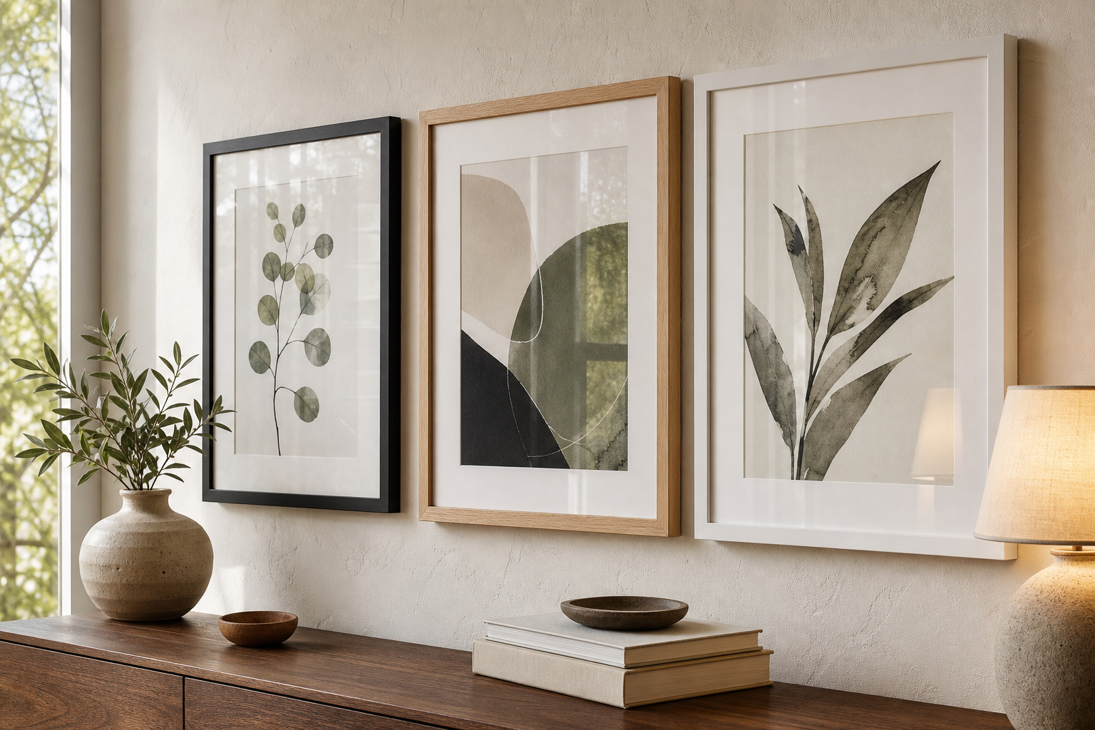 Close-up of mixed gallery wall frames and matting details