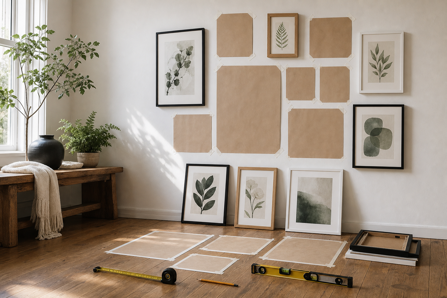 Gallery wall layout planned on the floor with frames and paper templates