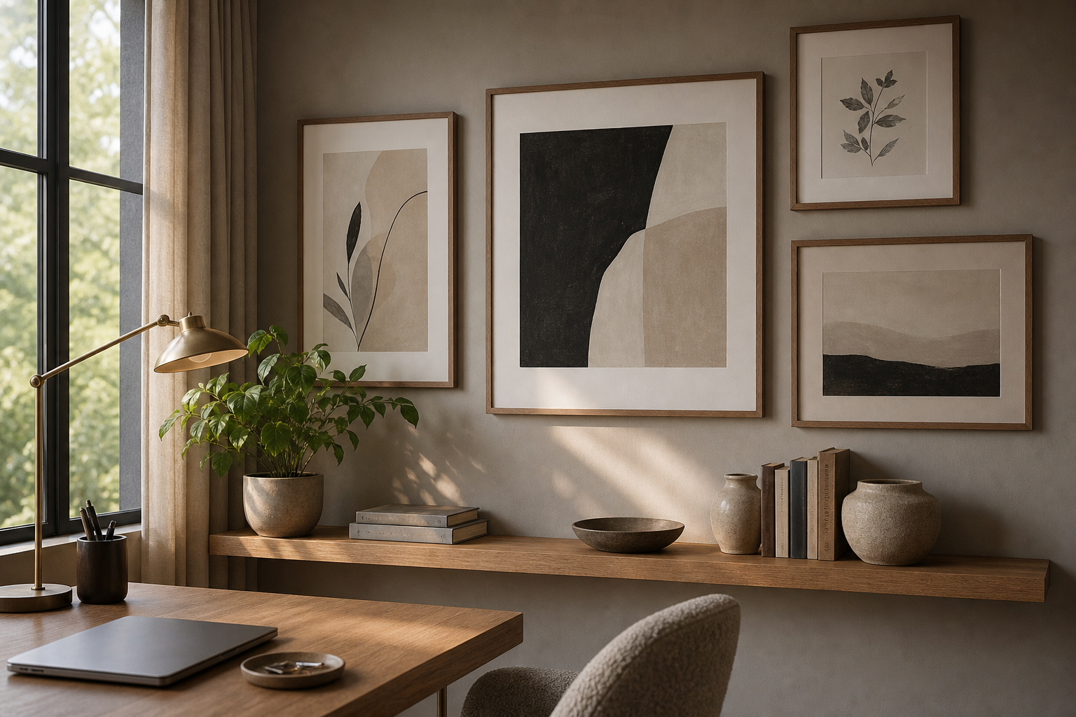 Mixed wall arrangement with typography and abstract art in a home office