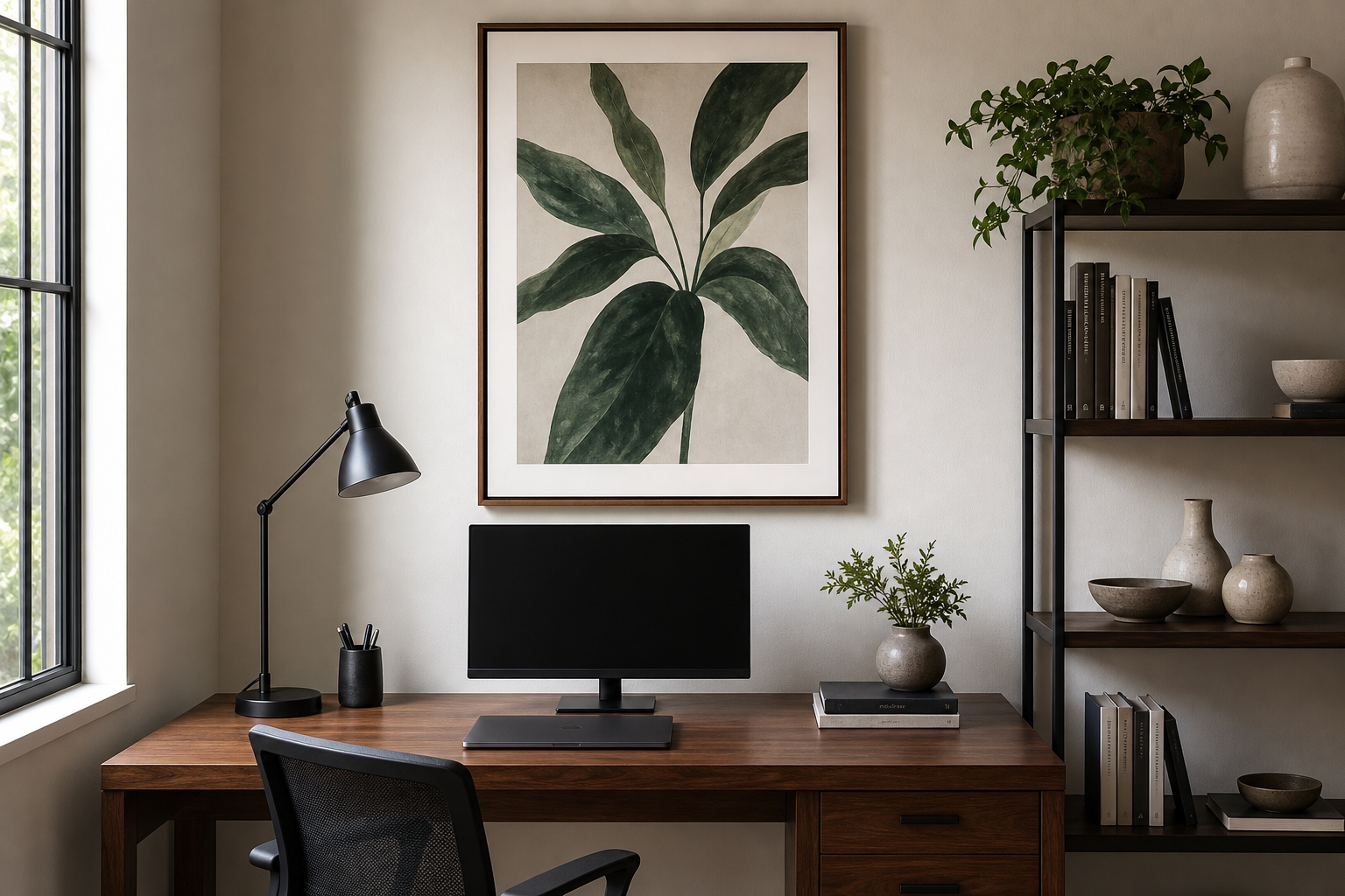 Home office desk wall with well-sized typography art