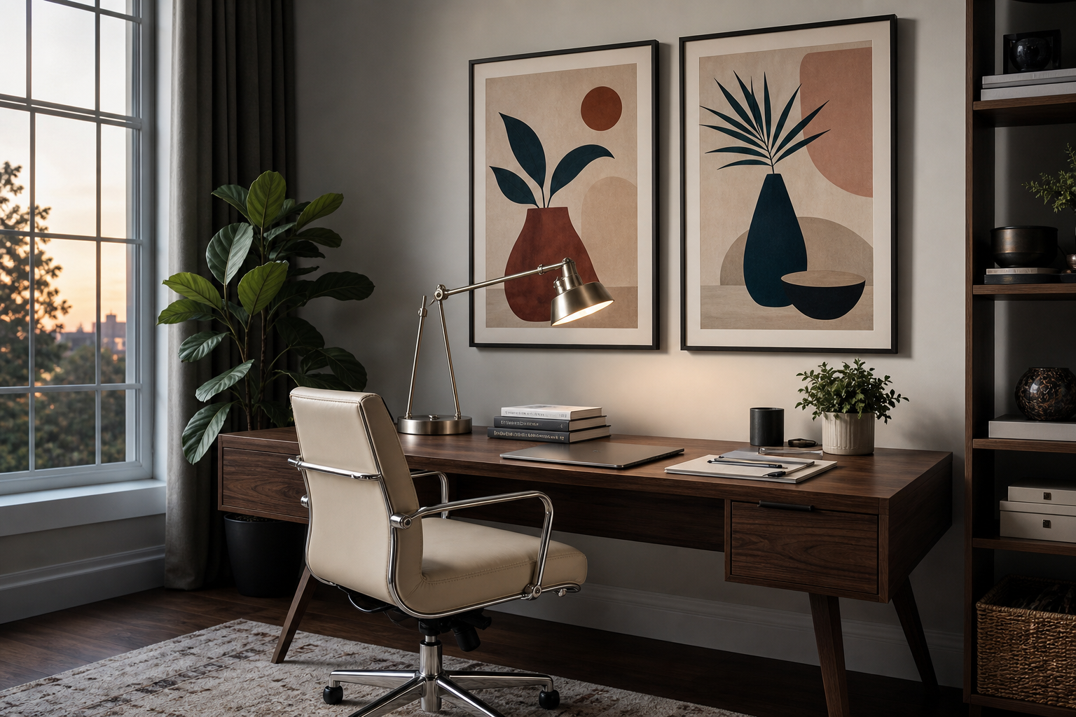 Home office styled with illustration wall art
