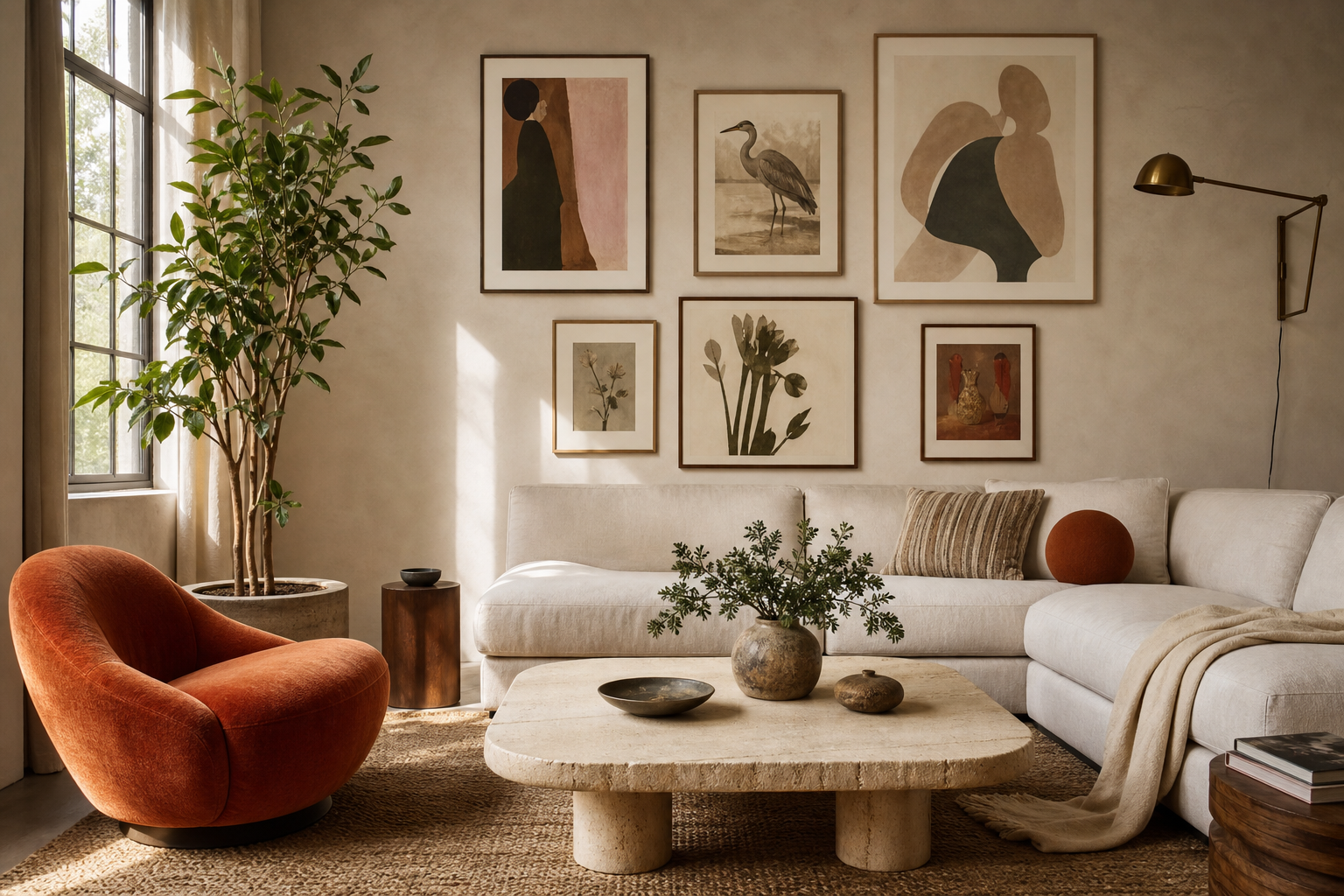 Contemporary living room with muted illustration gallery wall