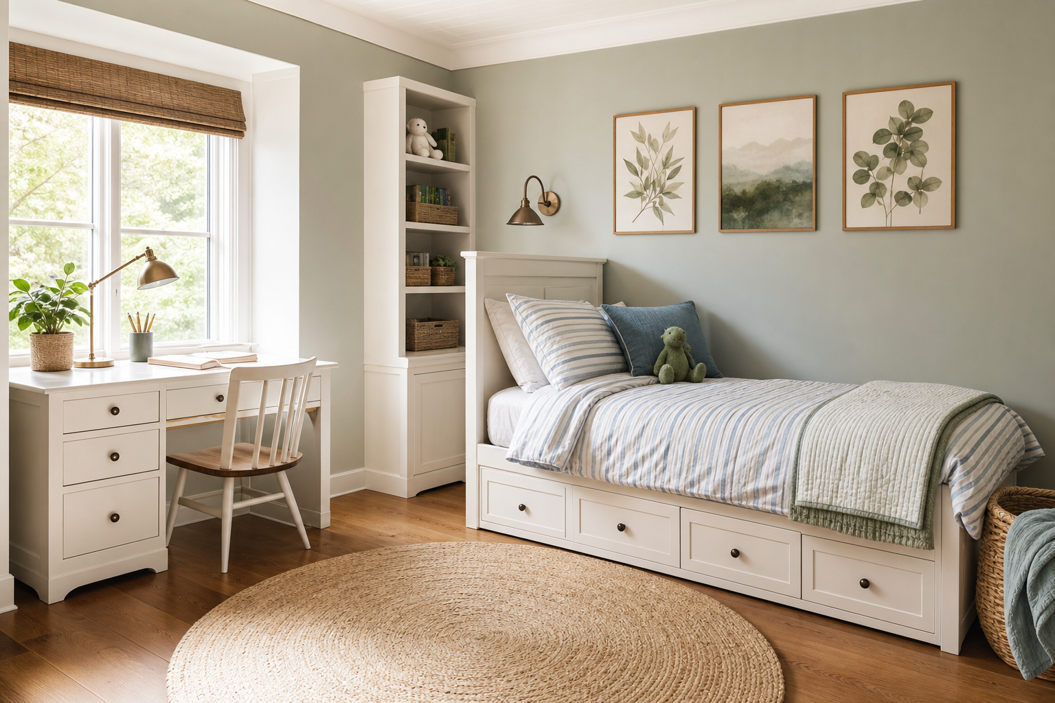 Styled kid's bedroom with coordinated bedding, storage, and framed wall art