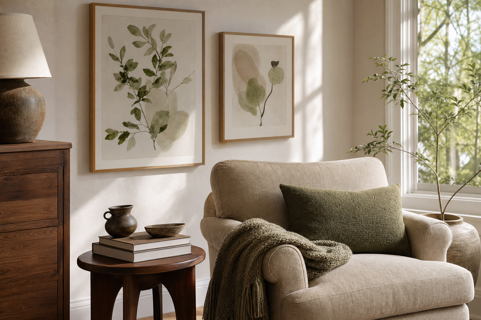 Muted living room with kids illustrations and adult decor