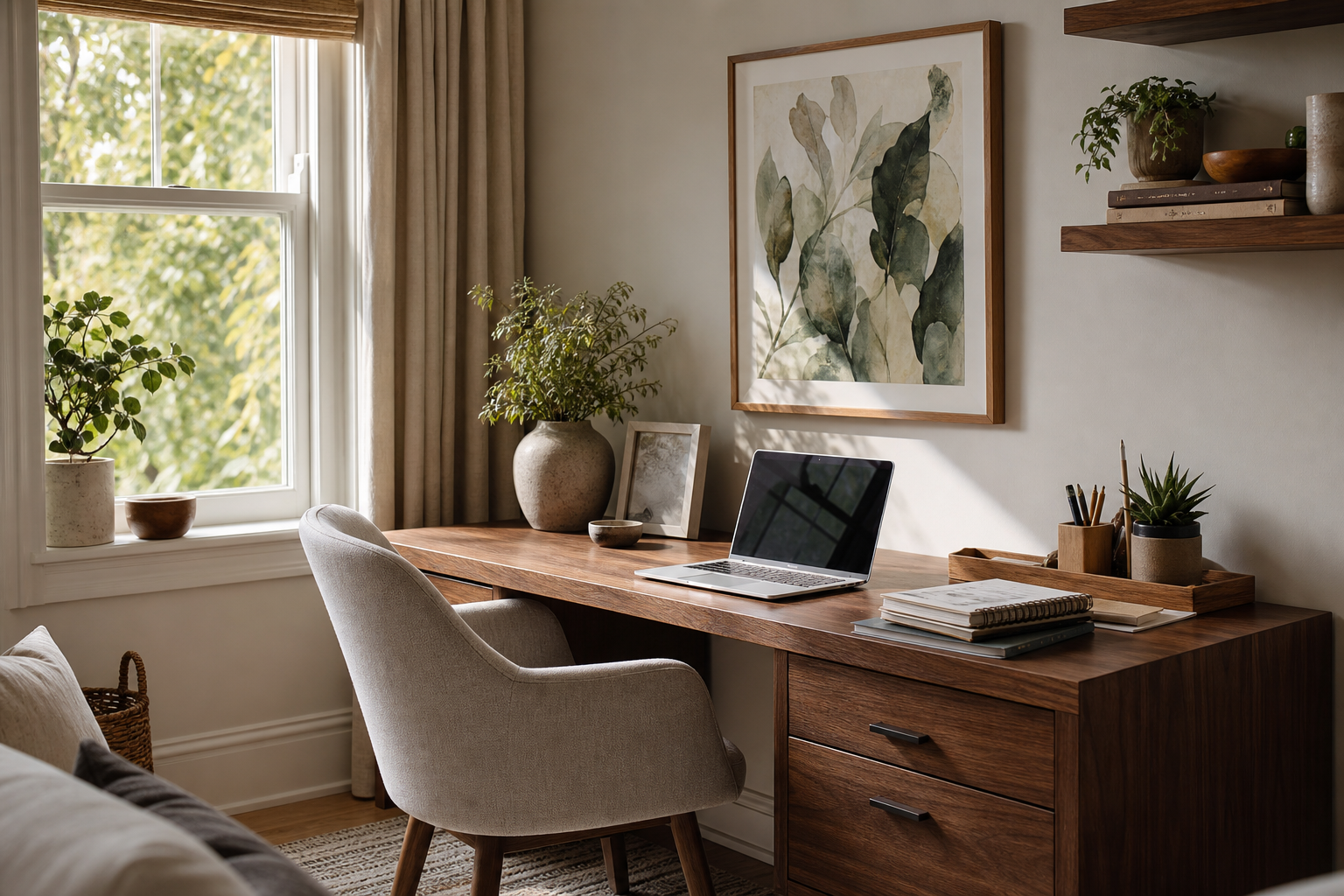 Home office with tasteful playful wall art