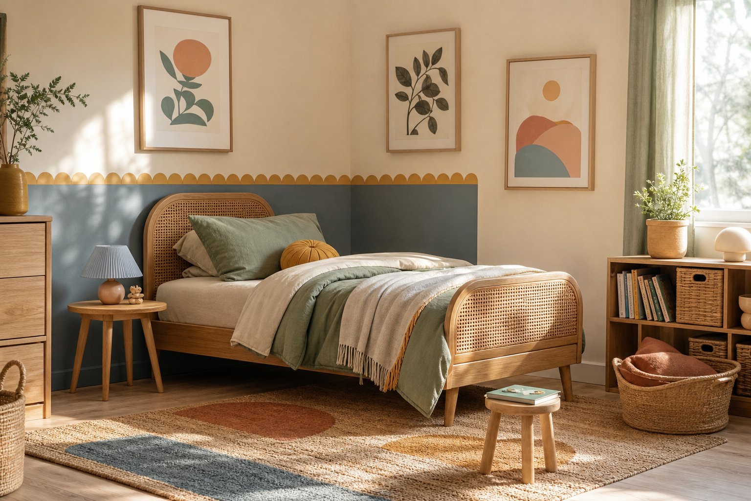 Soft kids room with muted wall art and layered textiles