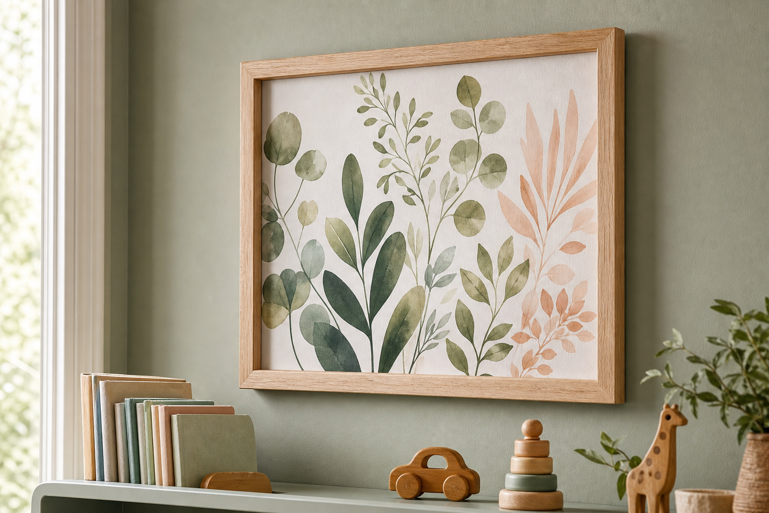 Close-up of oak frame and kids art print in a bedroom
