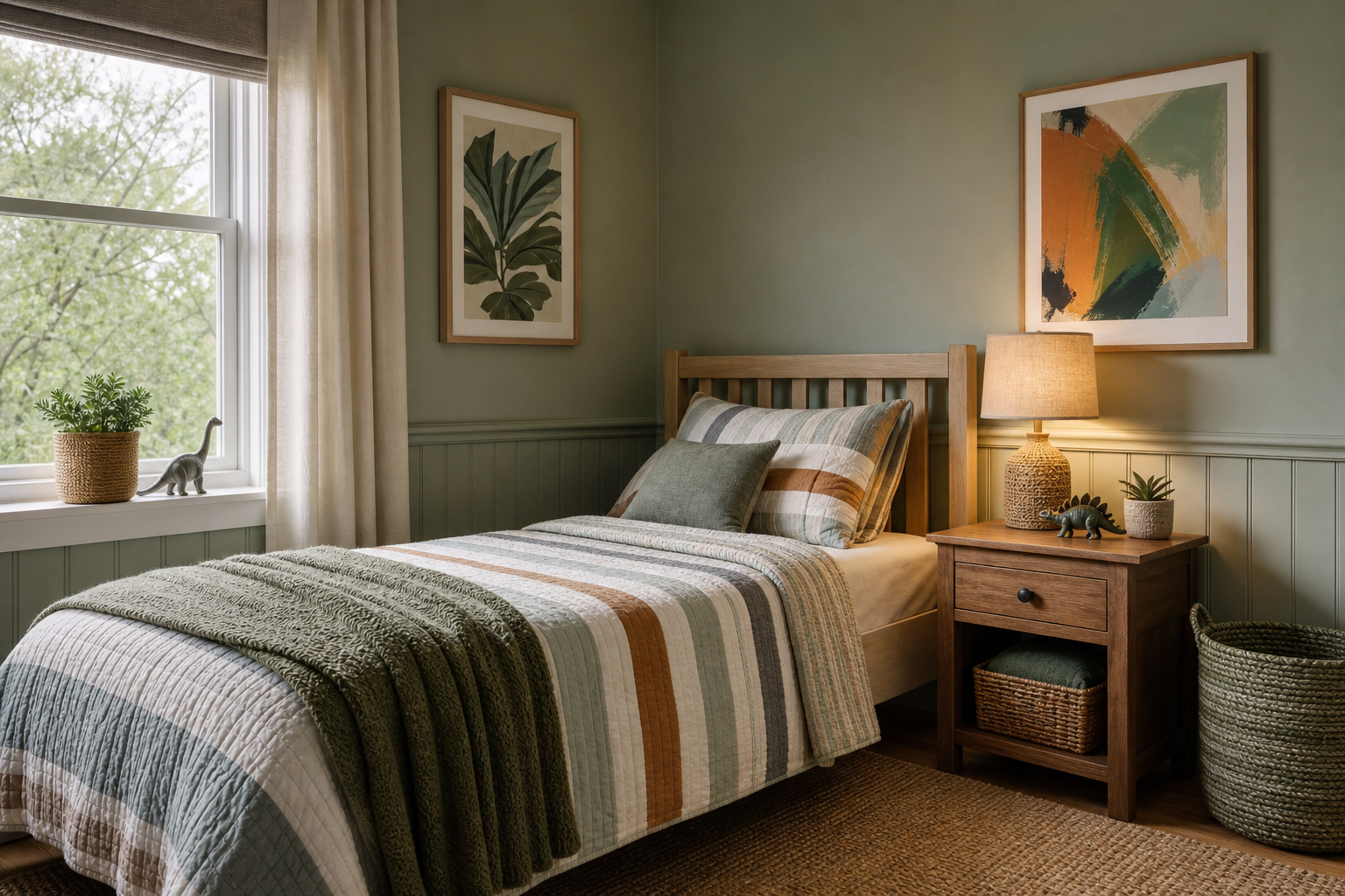 Child's bedroom with balanced calm and playful wall art colours