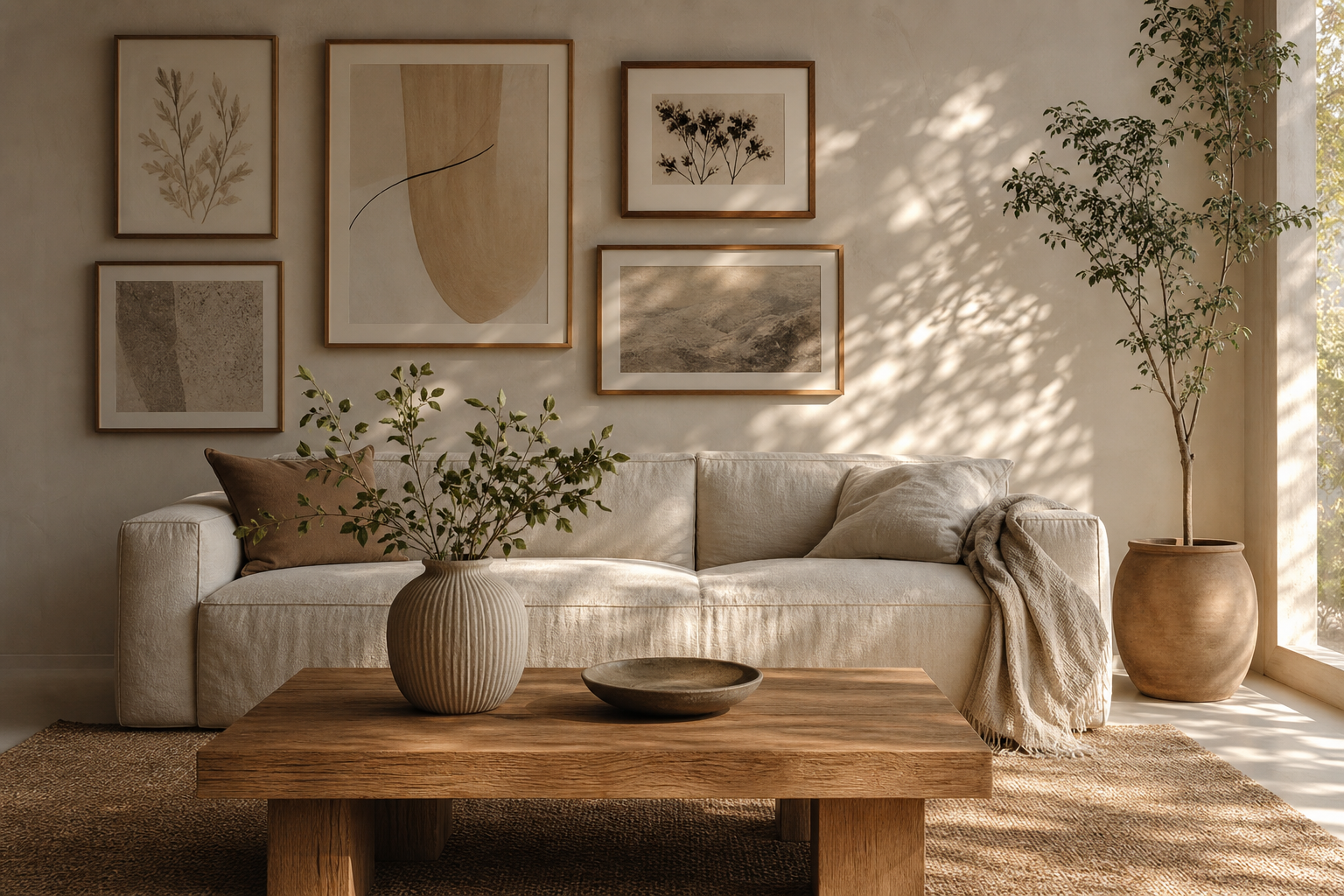 Living room gallery wall with initial print and neutral decor