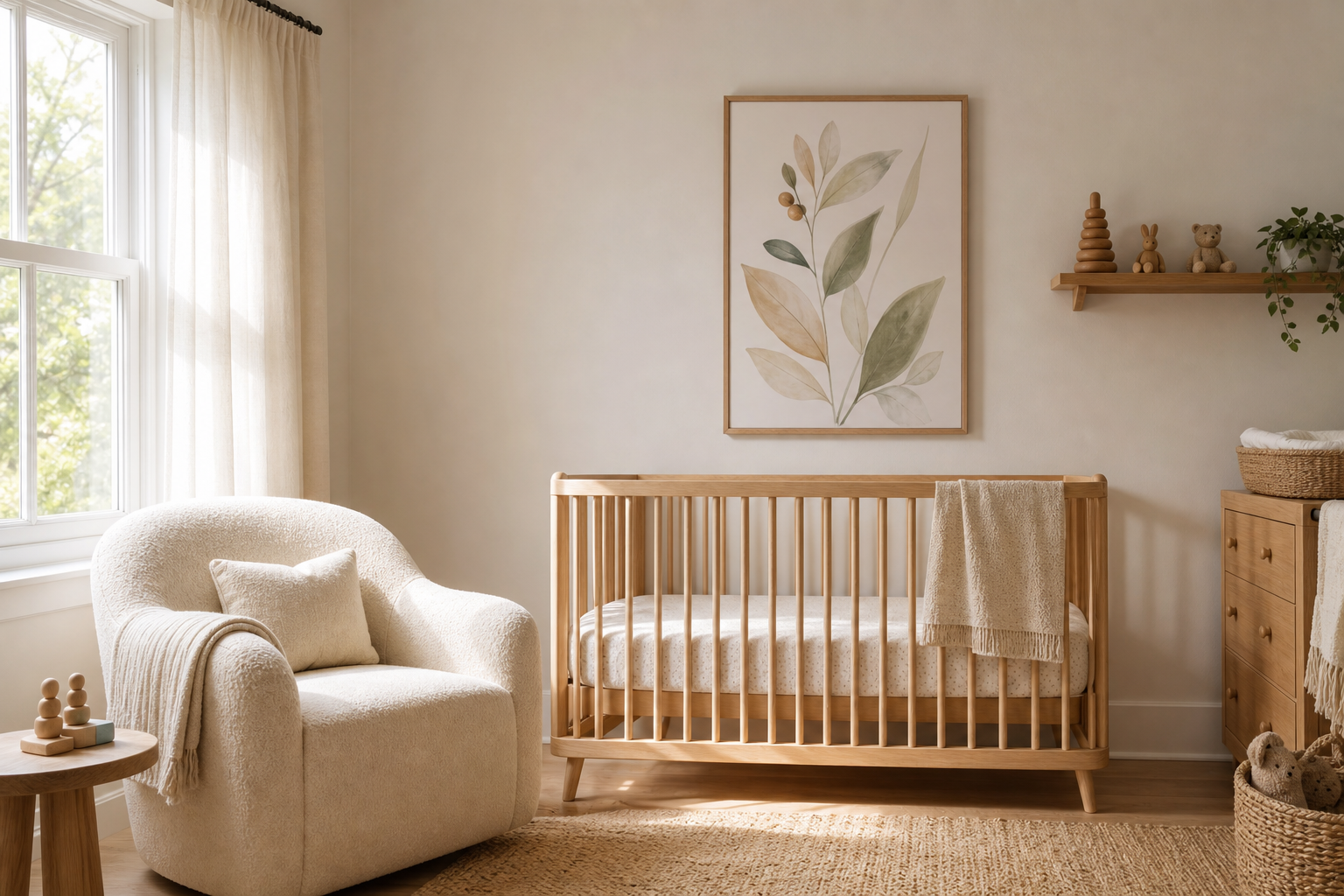 Nursery wall with initial art above a crib