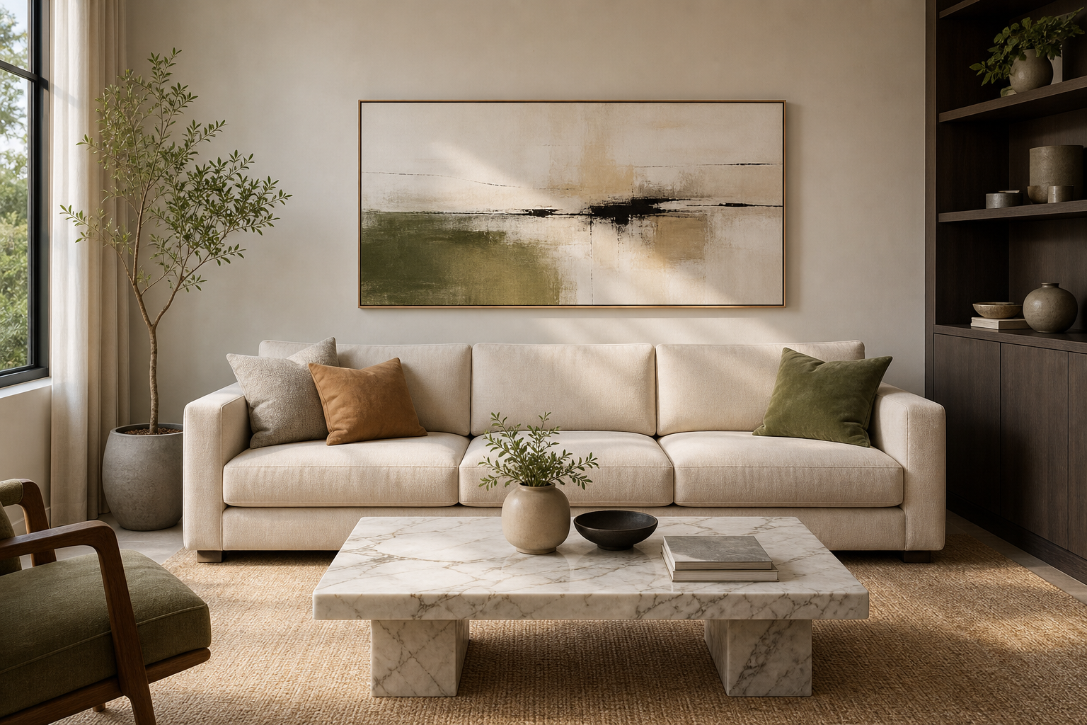 Living room showing correct wall art scale above a sofa