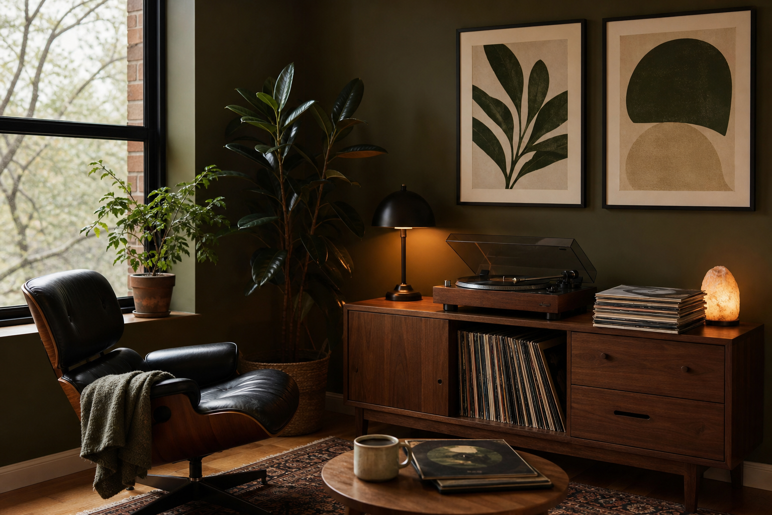 Cozy man cave listening corner with music-inspired framed wall art