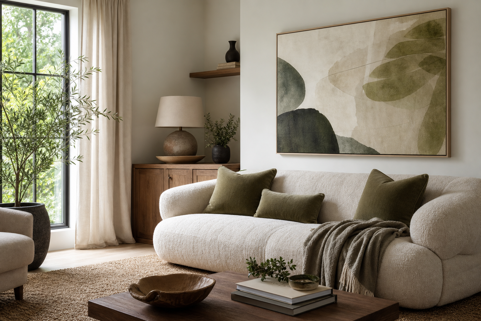 Living room with large map art over sofa